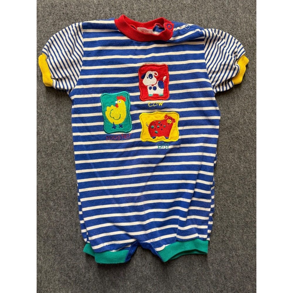 Vintage Buster Brown Baby Boys Blue Striped Animal Embroidered Romper 24M